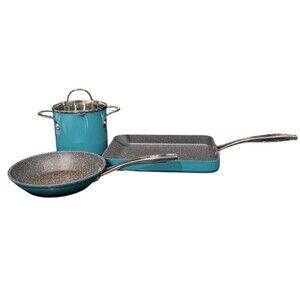 Curtis Stone Dura-Pan 3 Piece Non-Stick Pots and Pans Set Teal